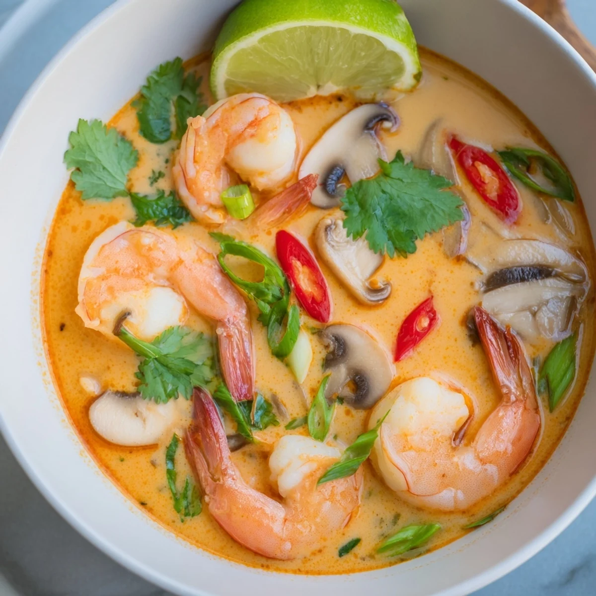 Aromática Thai Coconut Shrimp Soup con pasta de curry rojo, champiñones y toques de cilantro y lima.