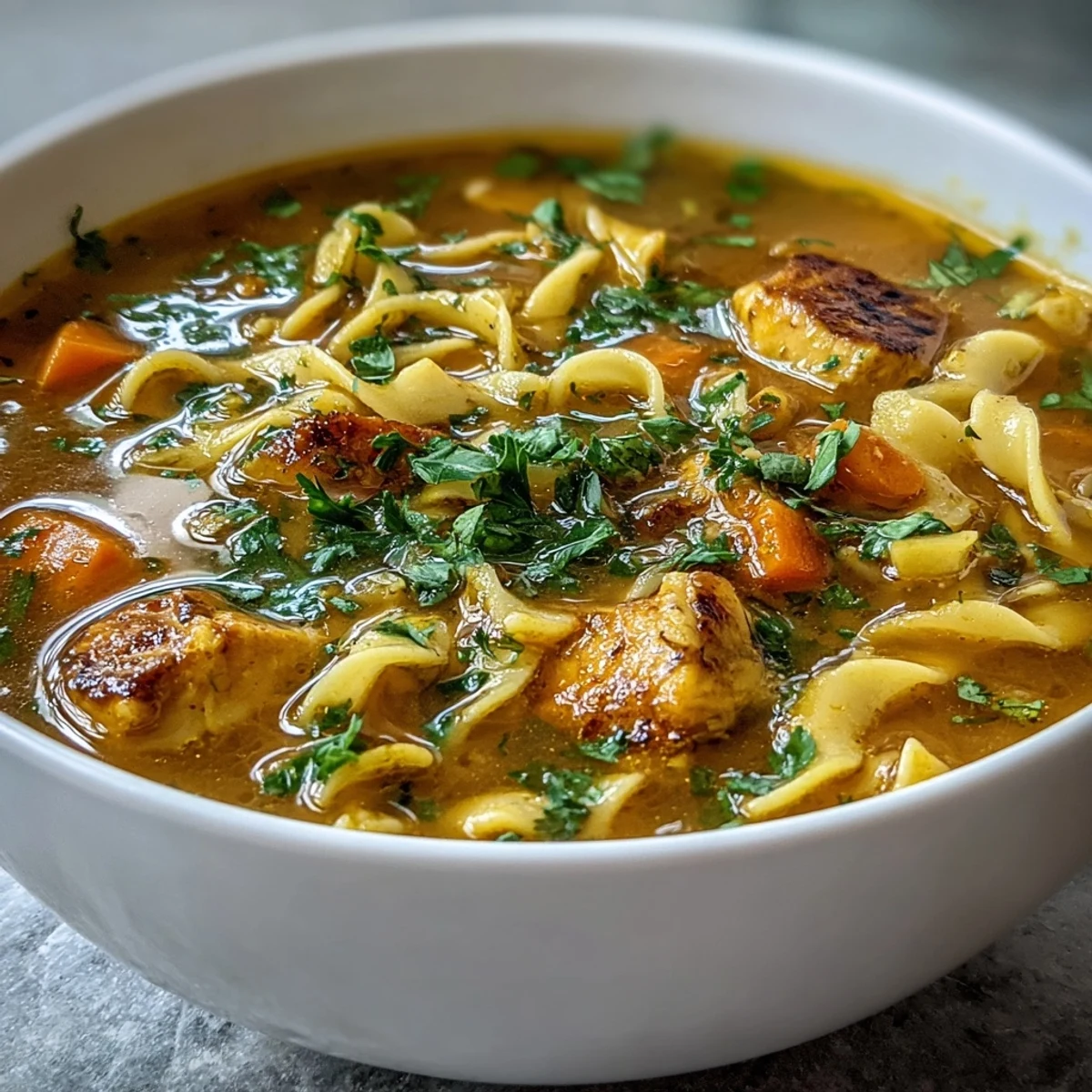 Un bol humeante de Ginger Turmeric Chicken Soup con fideos y verduras frescas, ideal para una cena reconfortante.