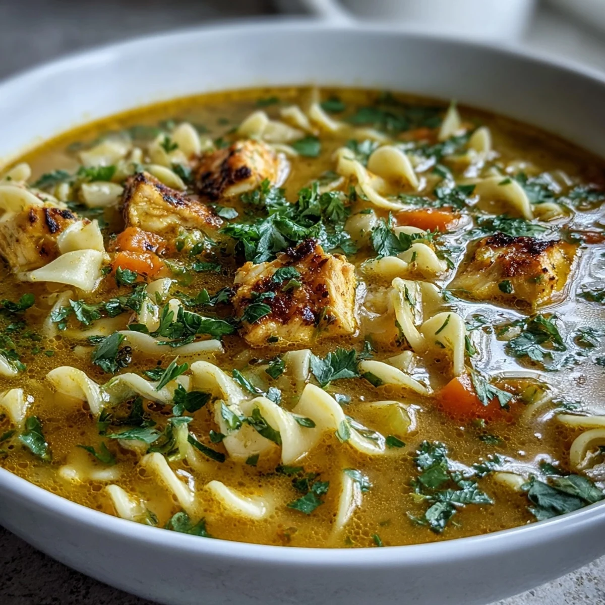 Ingredientes vibrantes para Ginger Turmeric Chicken Soup, incluyendo cúrcuma, jengibre y tiras de pollo en una olla sobre el fuego.