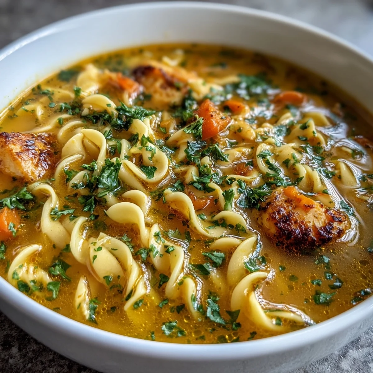 Ginger Turmeric Chicken Soup servida con un chorrito de leche de coco y perejil picado en un tazón aislado.