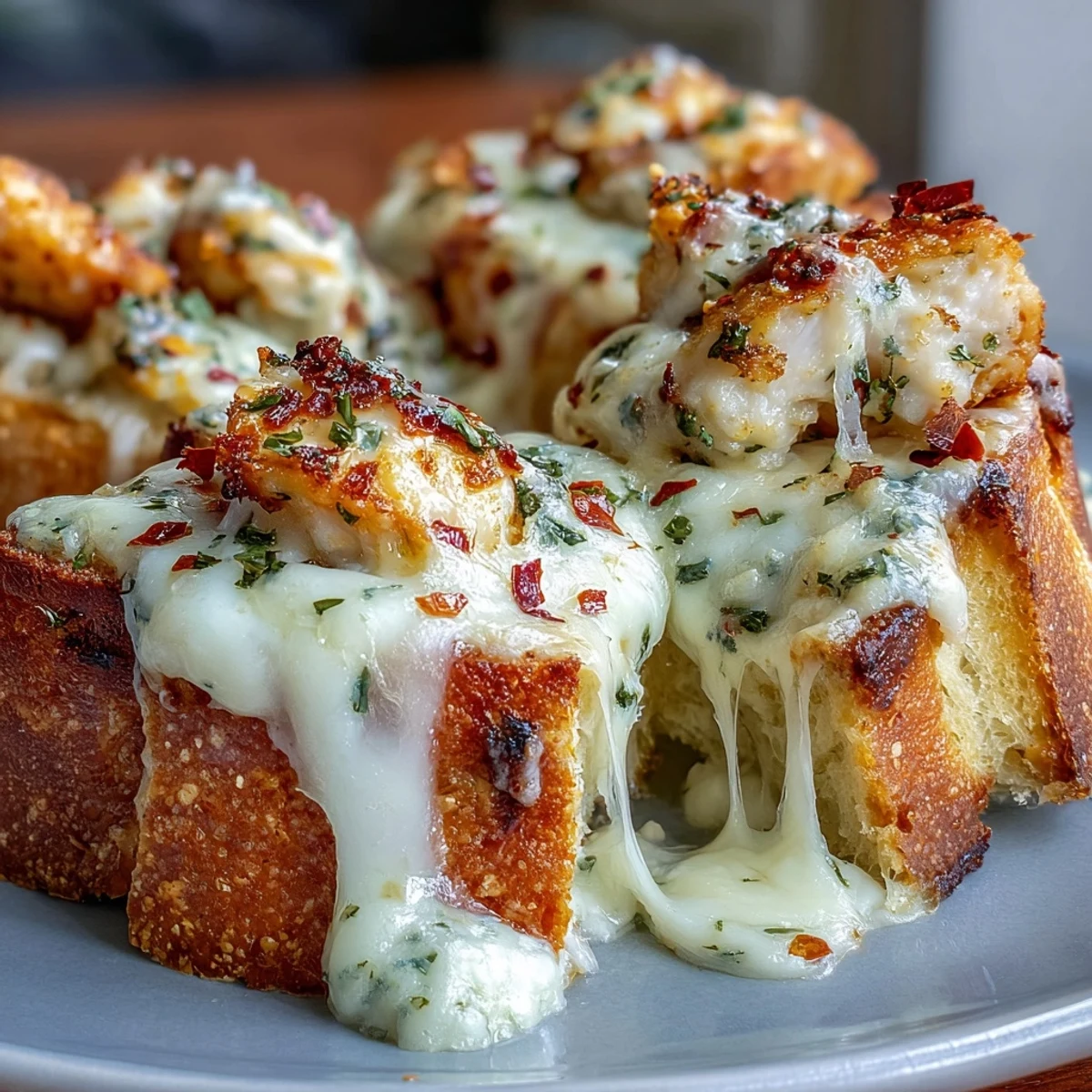 A rebanada de pan ajo horneada con pollo Alfredo, cubierta de queso derretido, se sirve caliente como plato principal para compartir.