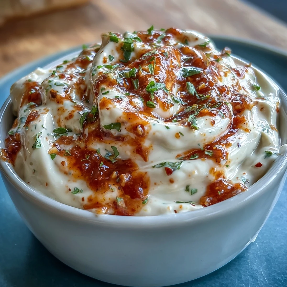 Cuchara de madera levantando un poco de la salsa Southwest Ranch, revelando su textura suave y espesa para untar.