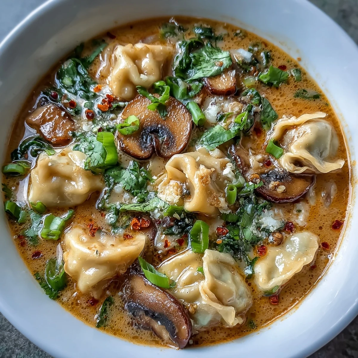 Un bol generoso de Quick Coconut Curry Soup with Dumplings, con dumplings veganos tiernos y vegetales en un caldo aromático.  
