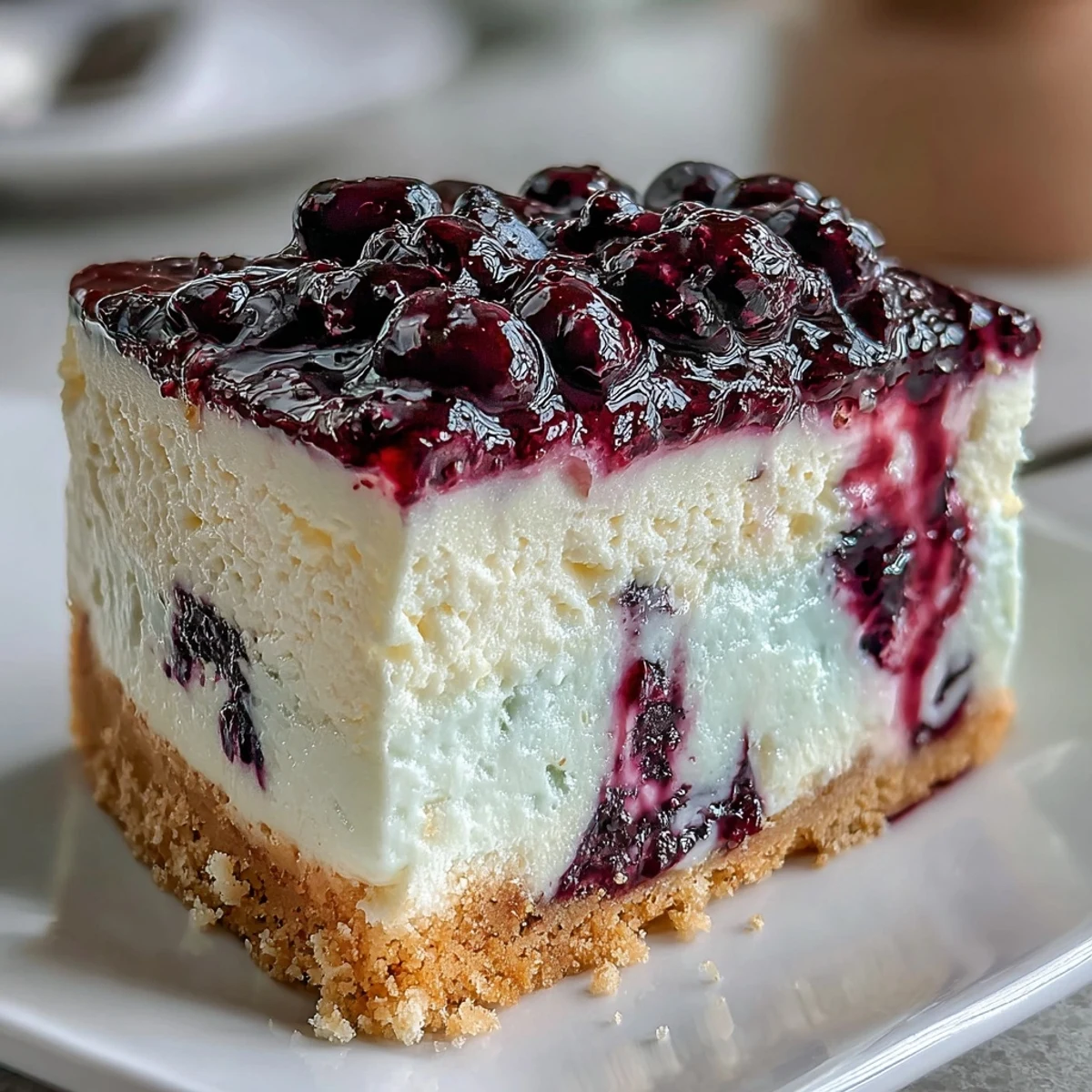 Un delicioso pastel de tres capas con mousse de limón y compota de arándanos sobre una base crujiente de galleta.