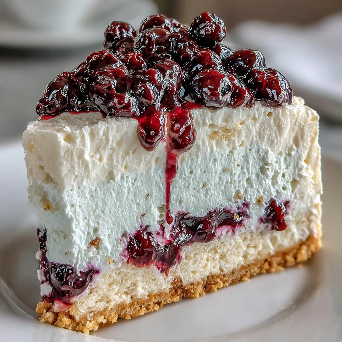 Vista frontal del pastel mousse de limón con arándanos, mostrando una textura cremosa y vibrante.