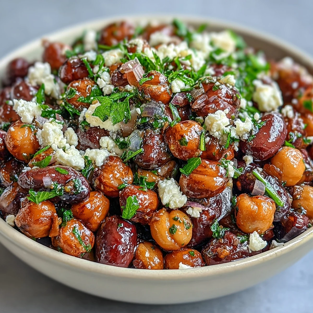 Ensalada Divorcio con garbanzos y frijoles negros, cebolla roja y queso feta fresco.