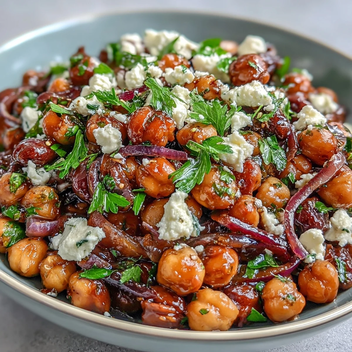 Ensalada Divorcio marida con feta desmenuzado, perejil picado y aderezo de aceite de oliva.