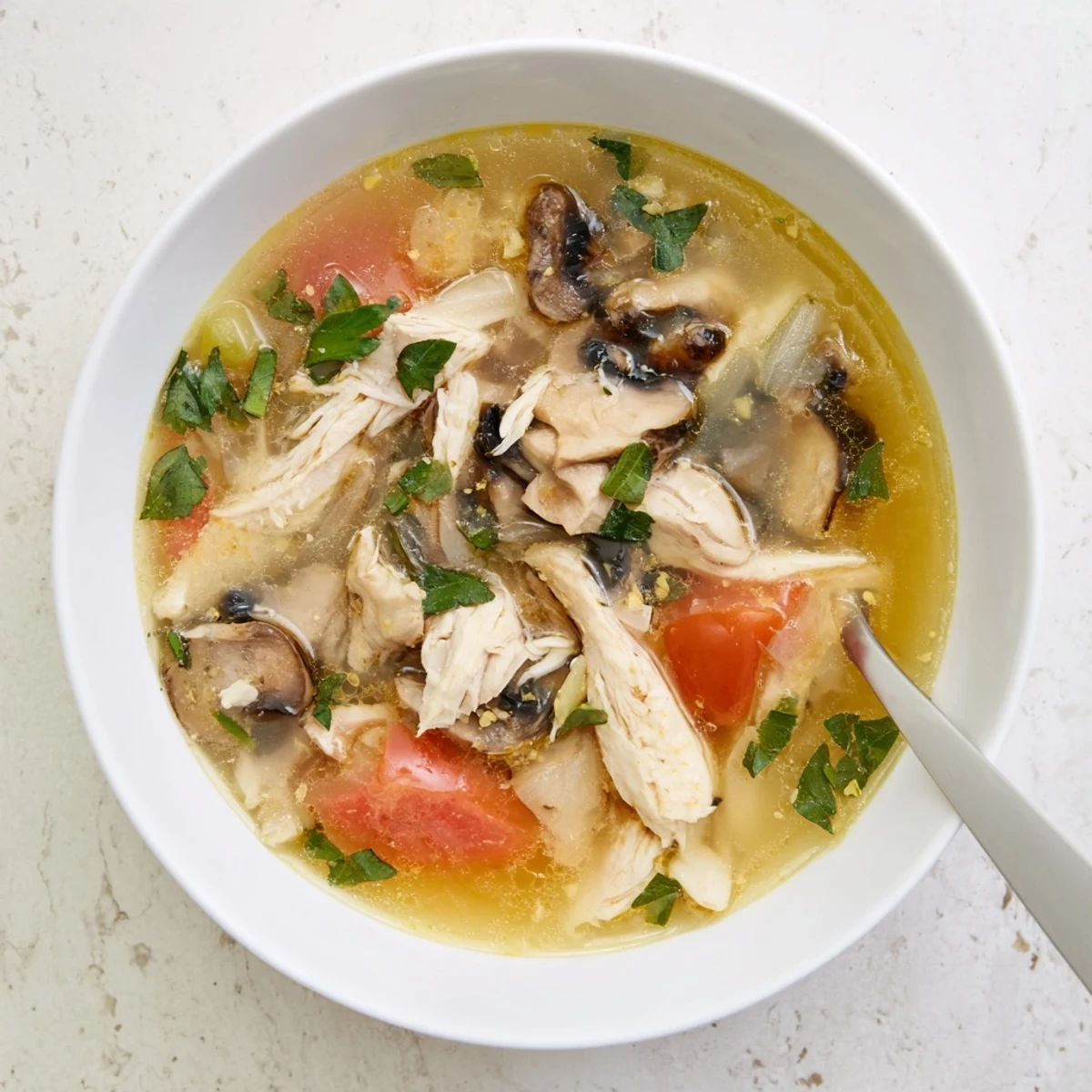 Bowl of Tom Yum Gai, featuring tender chicken, mushrooms, and tomatoes in an aromatic, spicy-sour Thai broth.