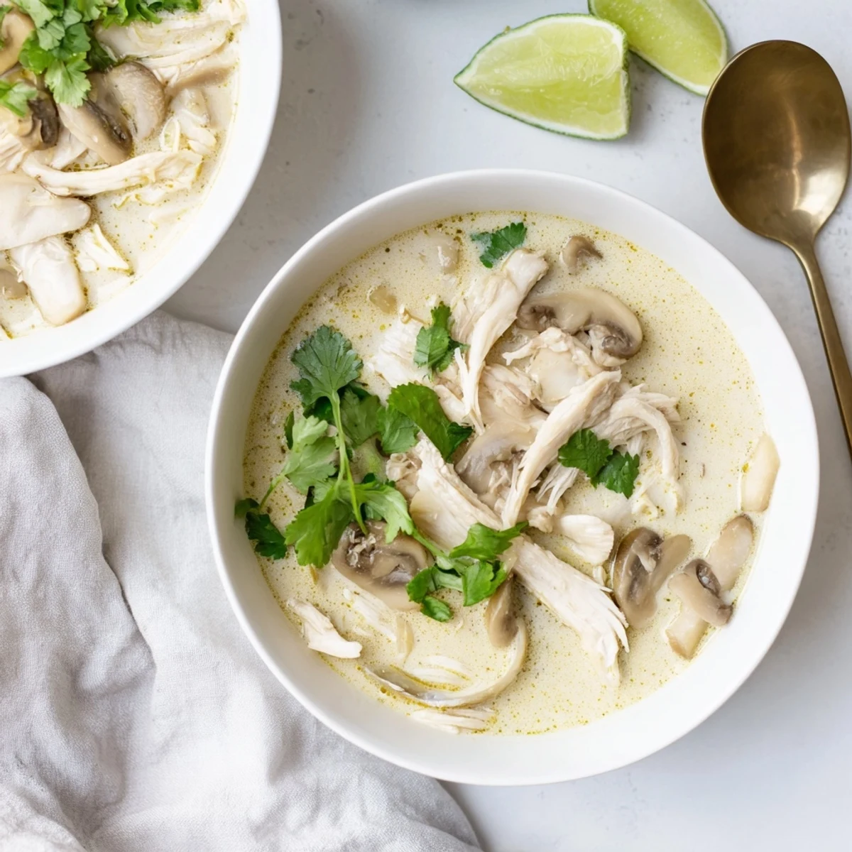 Sopa aromática de leche de coco Tom Kha con cilantro, galangal y espárragos guisantes frescos.