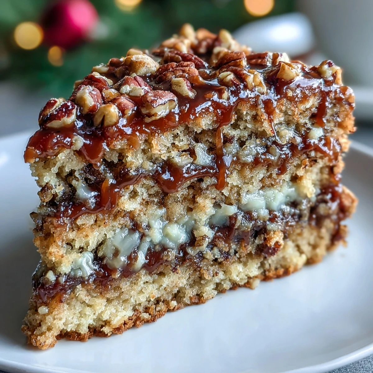A Christmas Toffee Crunch Cake en una mesa festiva con trozos servidos y nueces picadas, decoración navideña de fondo.