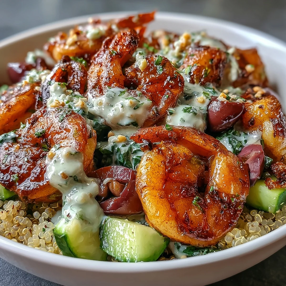 Bowl mediterráneo de camarones vibrante con camarones jugosos y salsa cremosa.