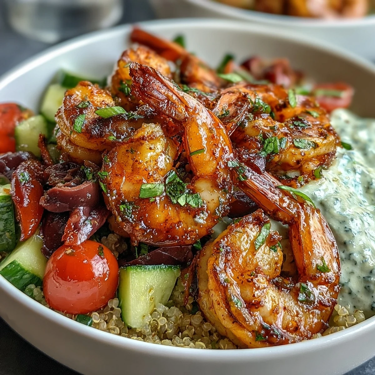 Succulent shrimp crown a colorful Mediterranean shrimp bowl, perfect for lunch.