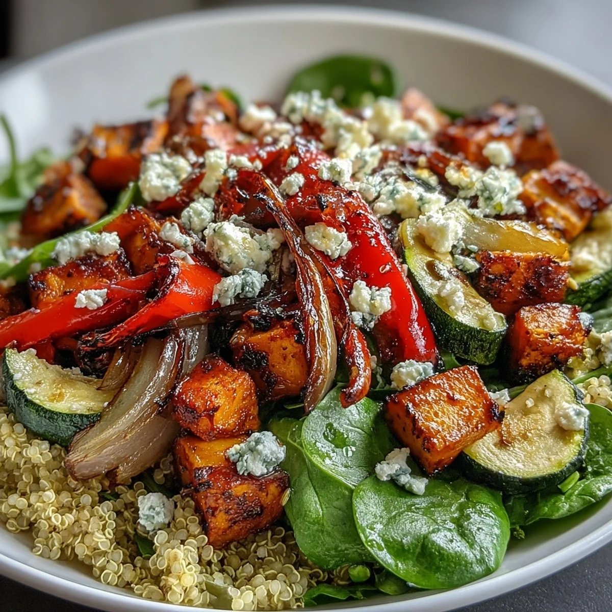Bowl de ensalada tibia con quinoa, vegetales asados y espinacas, cubierto con una vinagreta tibia y semillas.