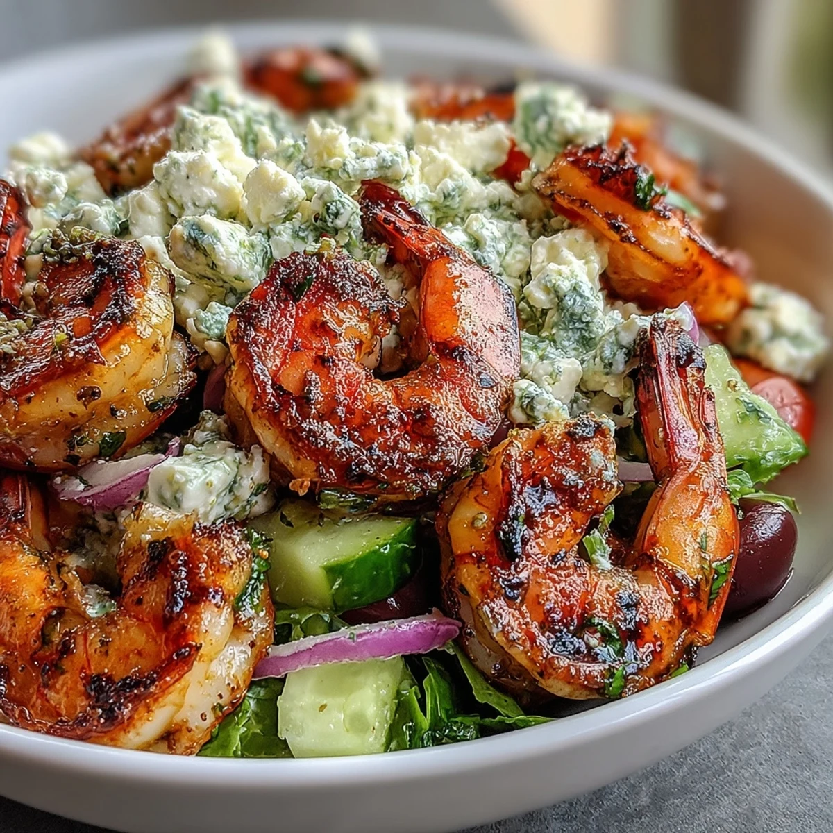 Disfruta de un tazón griego de camarones fresco, repleto de sabores brillantes y texturas crujientes.