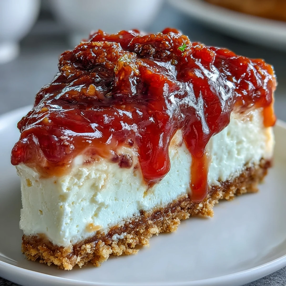 A no-bake Easy Guava Swirl Cheesecake topped with tropical guava marmalade swirls.  