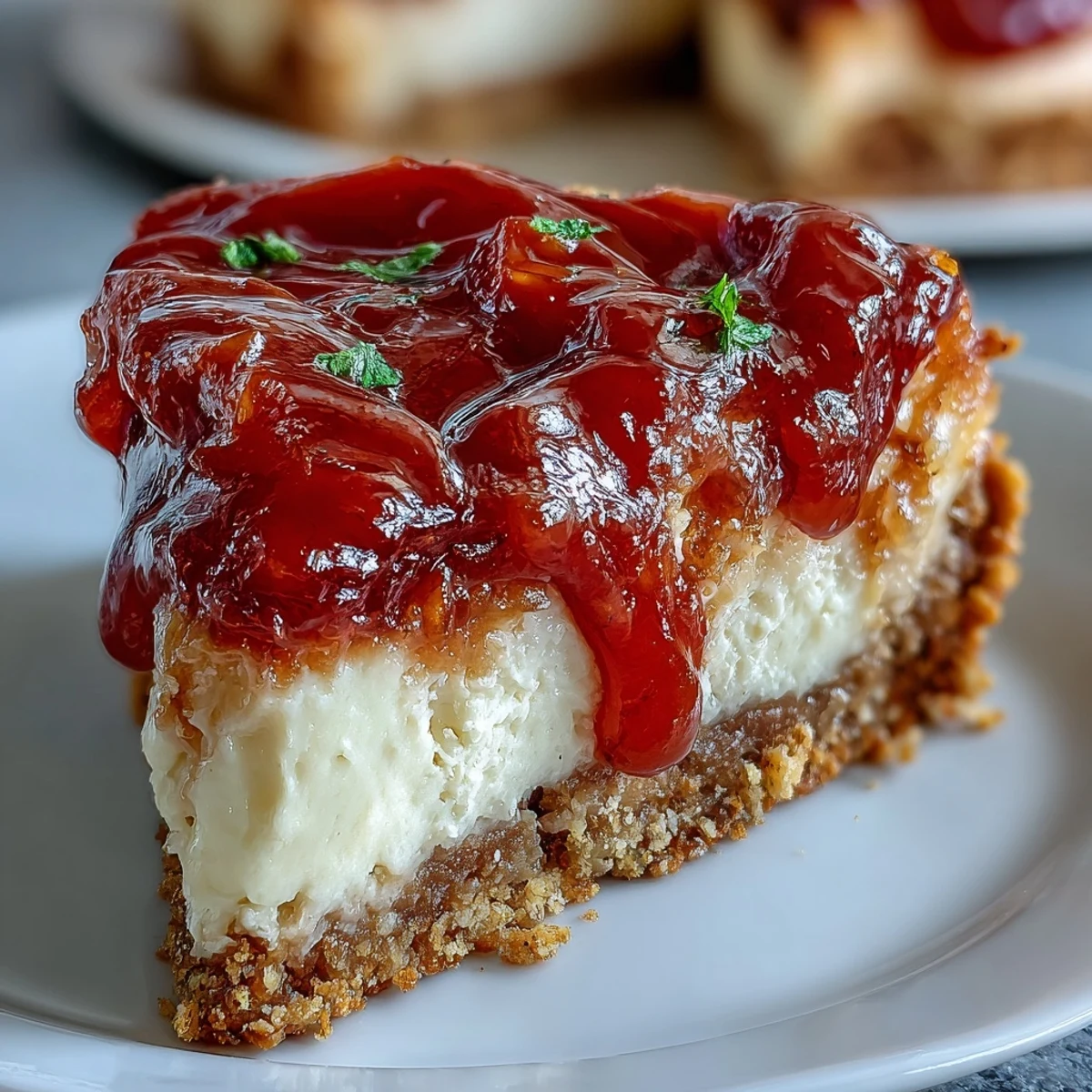 Slice of Easy Guava Swirl Cheesecake served chilled with a refreshing tropical fruit tea.