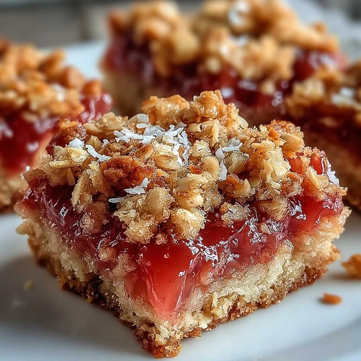 Las Guava Jam Bars con Coconut Macadamia Oat Crumble se enfrían en una rejilla, con migas doradas y vibrante guayaba asomando entre los trozos de coco y macadamia.