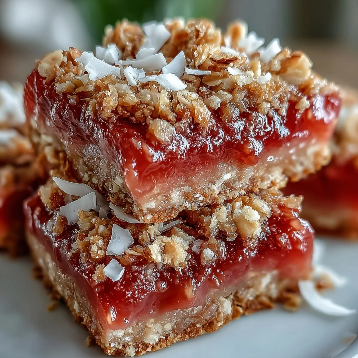 Las Guava Jam Bars con Coconut Macadamia Oat Crumble se sirven sobre manteles tropicales, con una cucharada de helado de vainilla derritiéndose sobre su crumble crujiente.