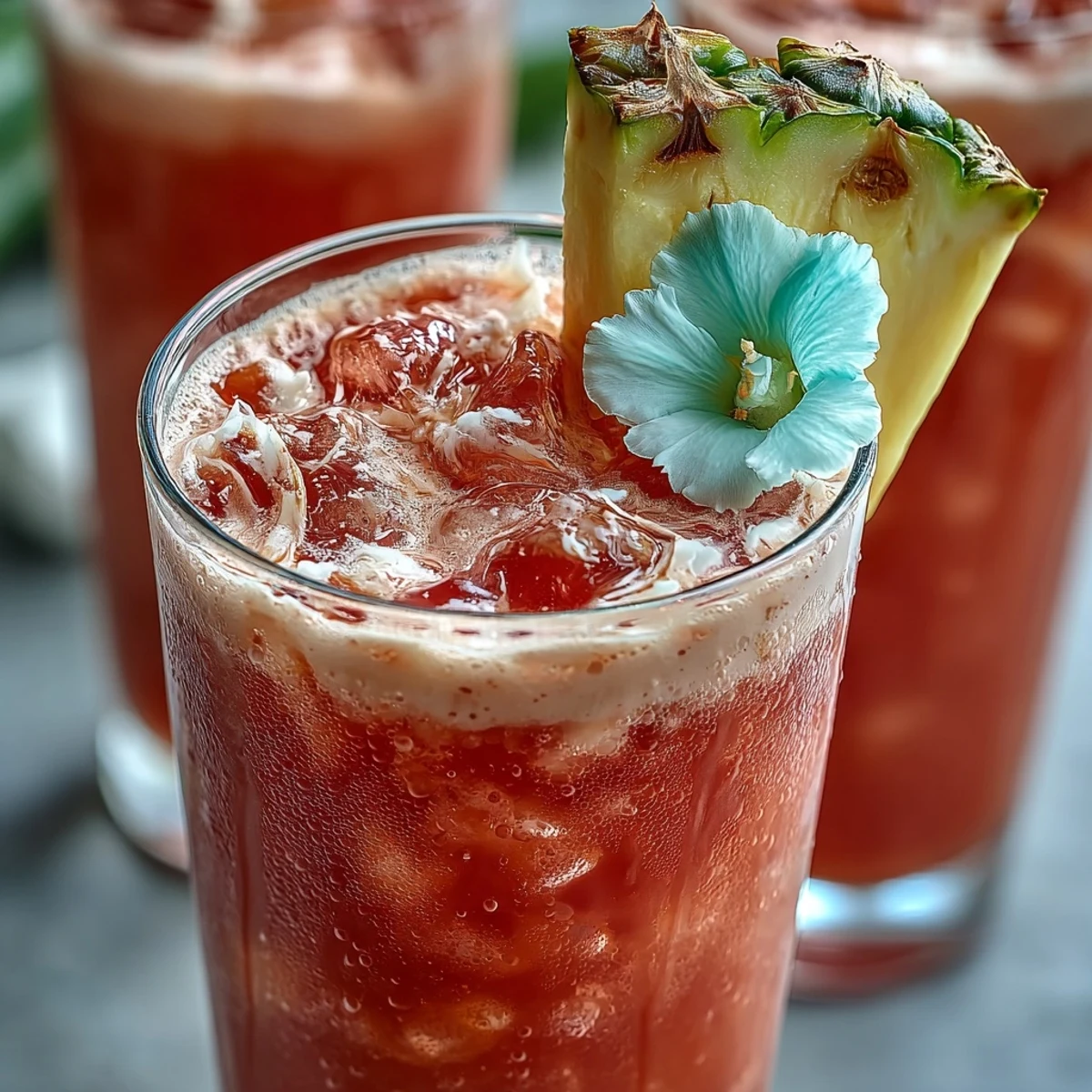 Layered tropical Iced Guava Passionfruit Drink with coconut milk, ready to sip on a sunny day.