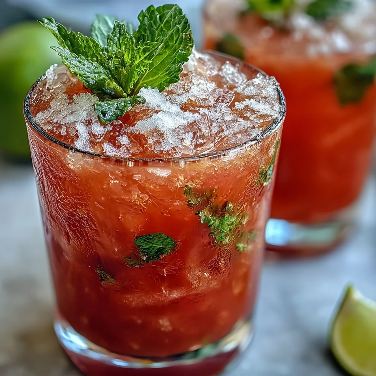 Vibrante Guava Mojito tropical con jugo de guayaba, jugo de lima recién exprimido, menta y ron blanco, ideal para fiestas.