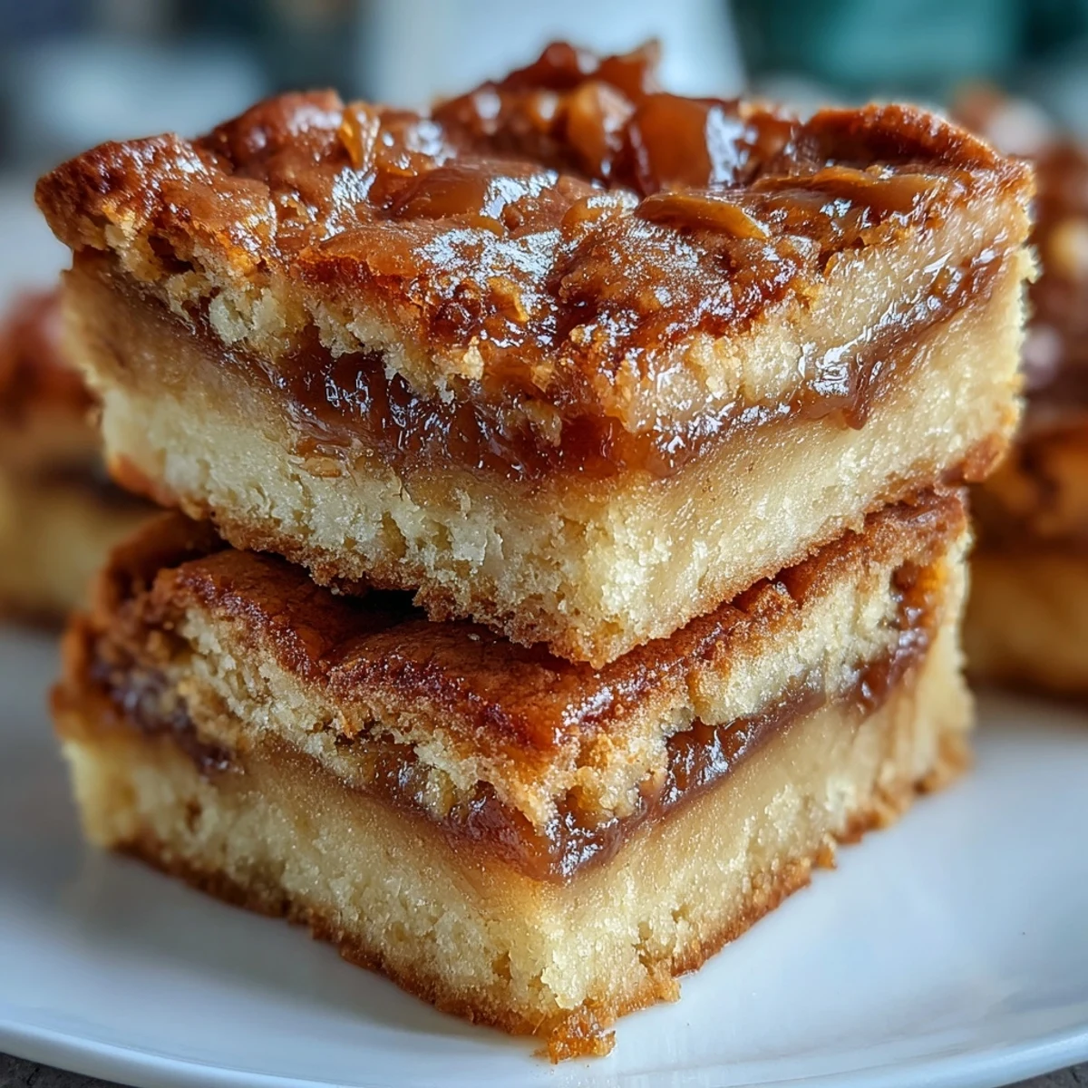 Imágenes cercanas de cuadrados de pastel de guayaba sobre una tabla de madera, mostrando capas de pasta de guayaba rosada y masa horno.
