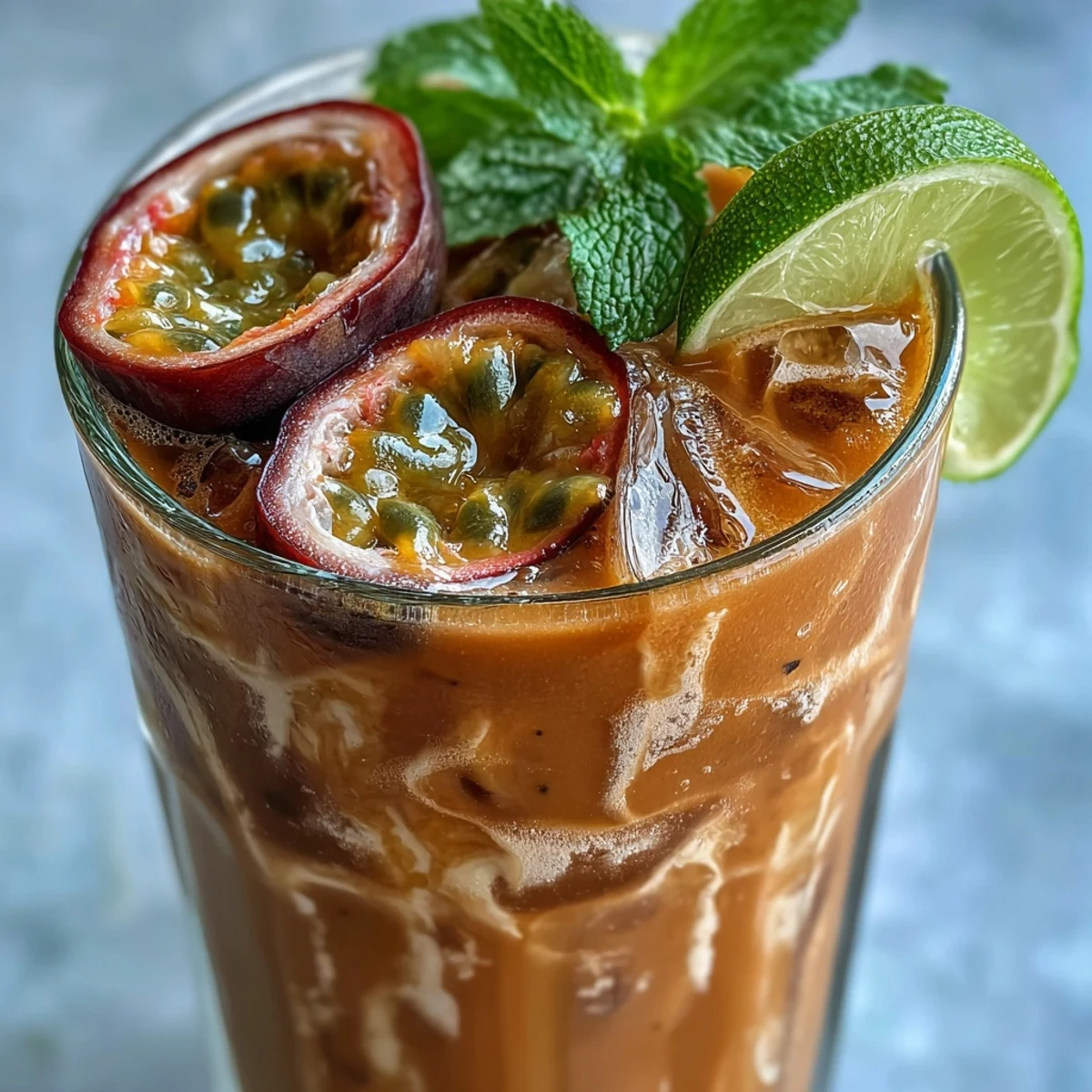 Copa alta con mezcla de guayaba y maracuyá sobre hielo, decorada con hojas de menta y rodajas de fresas.