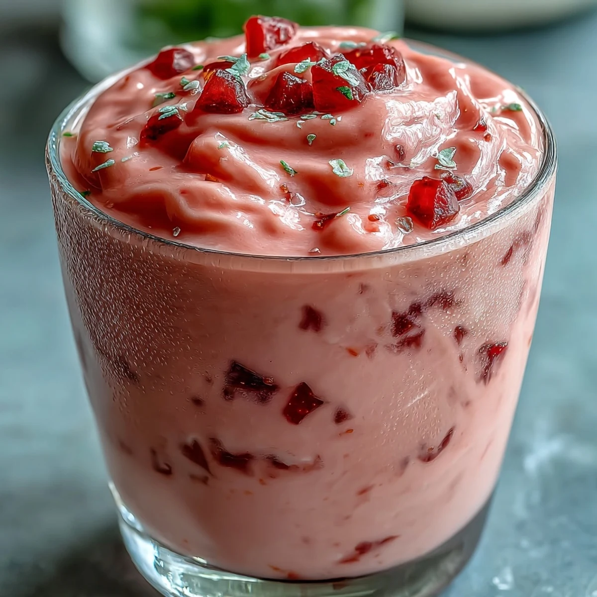 Vibrante batido de Guava Juice Smoothie con yogur griego cremoso y frutas congeladas servido en vaso helado.