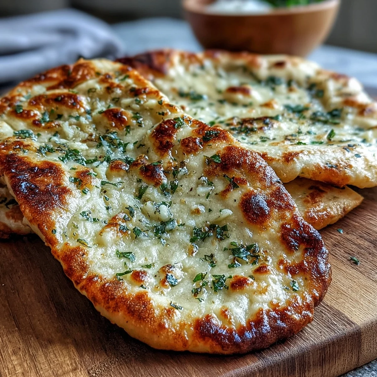 Golden brown The Best Easy Garlic Naan Bread brushed generously with melted butter and fresh minced garlic.