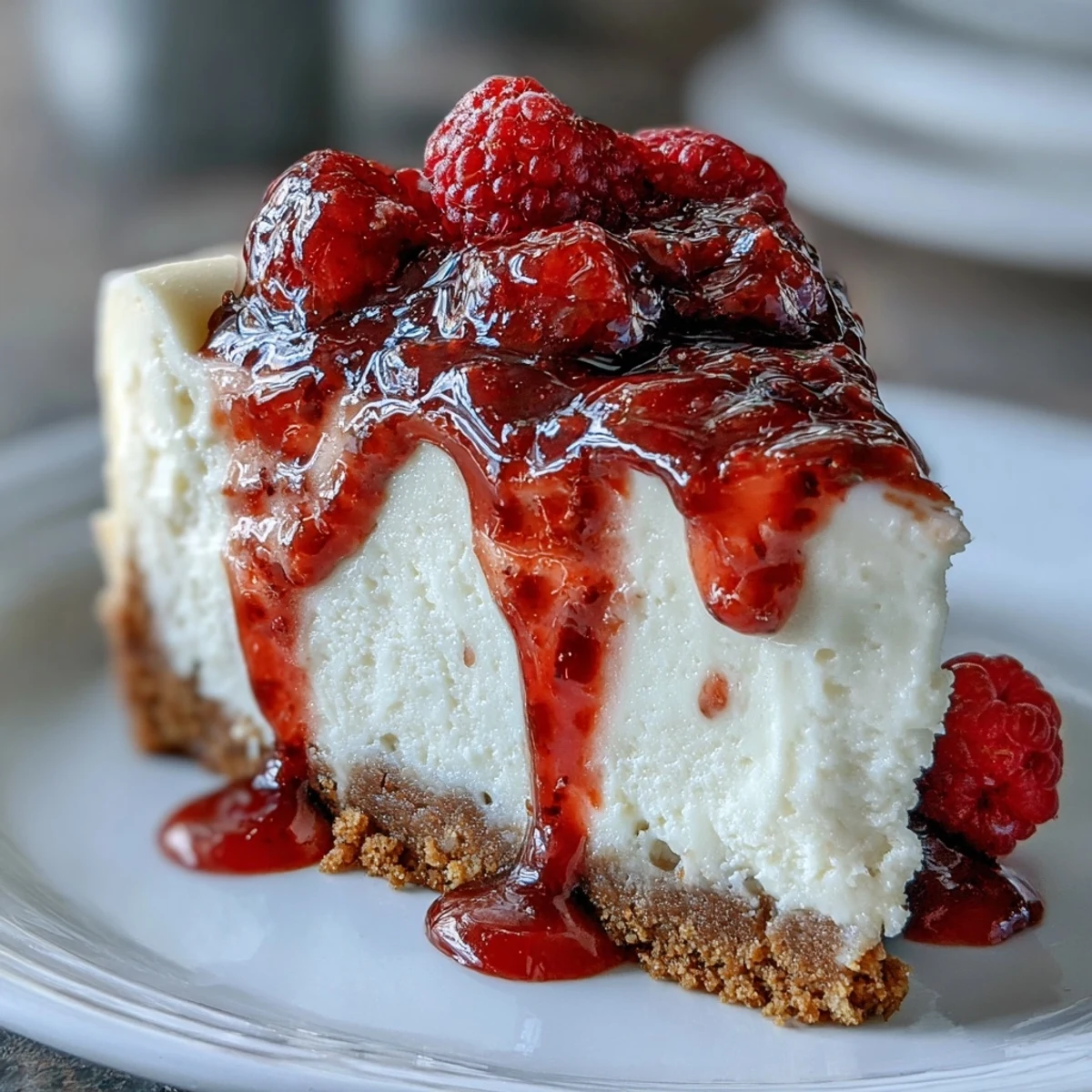 White Chocolate Raspberry Cheesecake Bliss recién horneado, con superficie cremosa y salsa de frambuesa en un espiral vistoso.