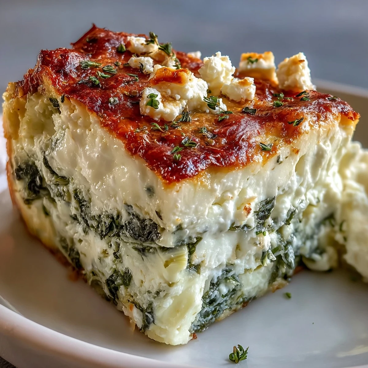 Textura esponjosa de High Protein Spinach Artichoke Bake al sacar del horno, con cuchara lista para porción baja en carbohidratos.