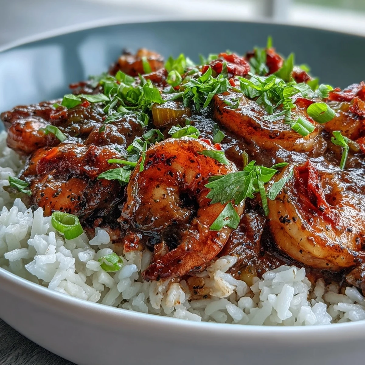 Un bowl de clásica Nueva Orleans Étouffée con camarones, hierbas frescas y arroz, perfecto para la cena.