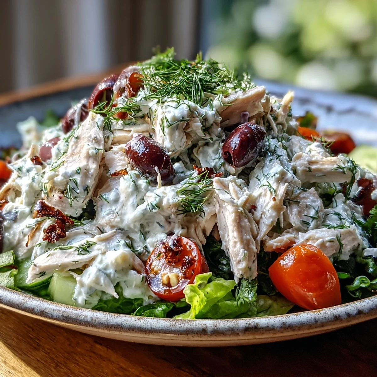 Tzatziki Chicken Salad, vibrant with shredded chicken, creamy cucumber-yogurt sauce, and diced red onion on greens.