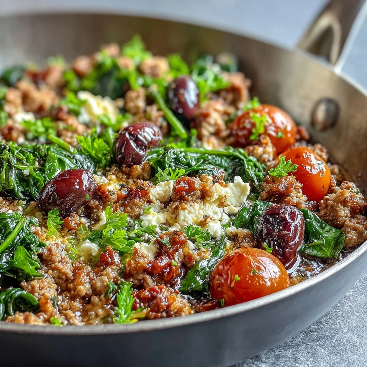 Skillet de Pollo Molido Keto Mediterráneo con Olivas y Feta en una sartén caliente, espolvoreado con feta desmoronado y perejil fresco.