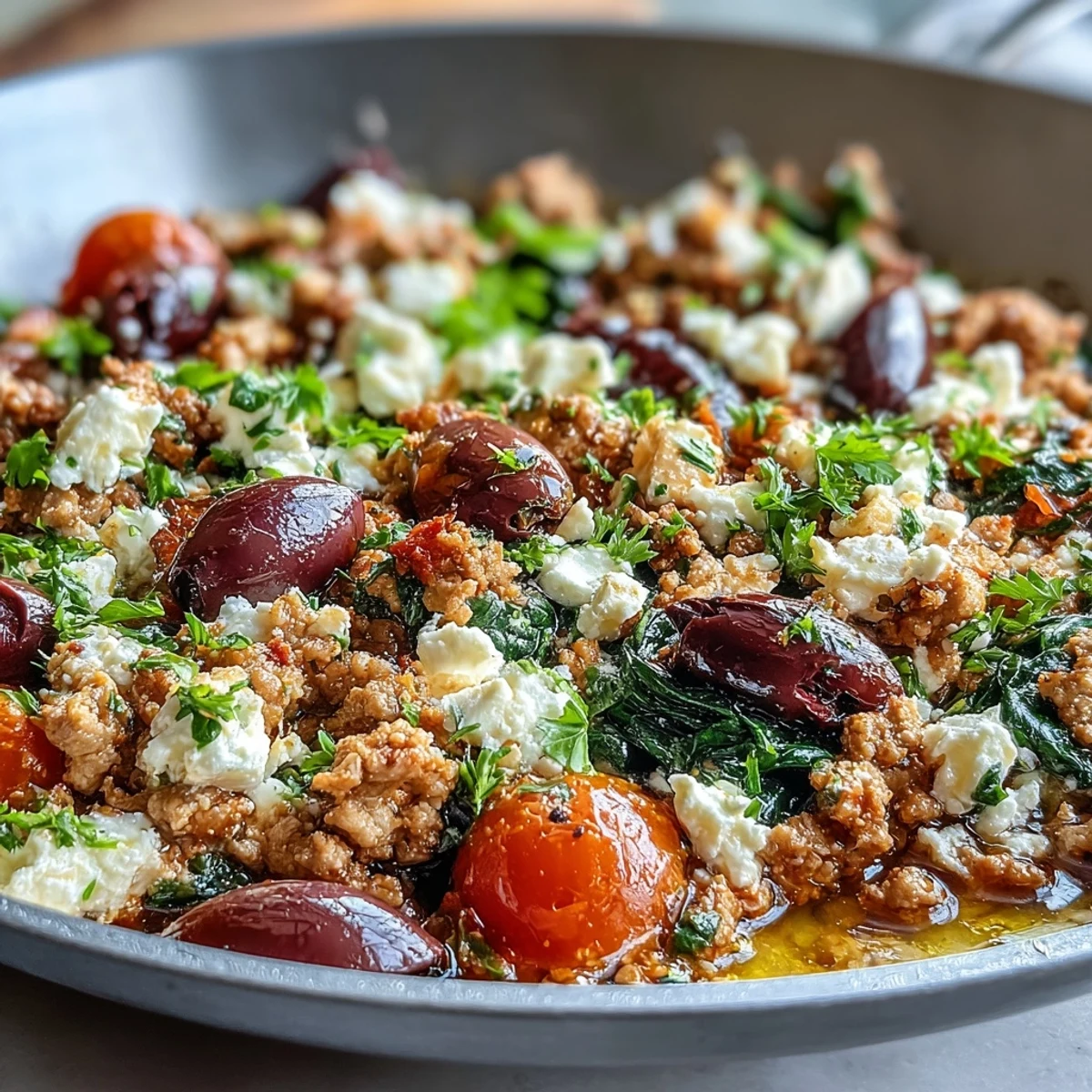 Pollo Molido Keto Mediterráneo con Olivas y Feta servido con tomates cherry, olivas kalamata y un chorrito de limón, ideal para cenas bajas en carbohidratos.