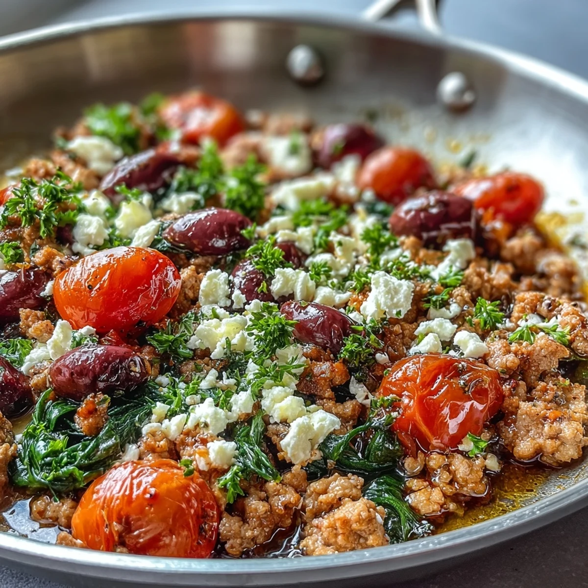 Skillet de Pollo Molido Keto Mediterráneo con Olivas y Feta con espinacas, ajo y cebolla, listo para disfrutar directamente de la sartén.