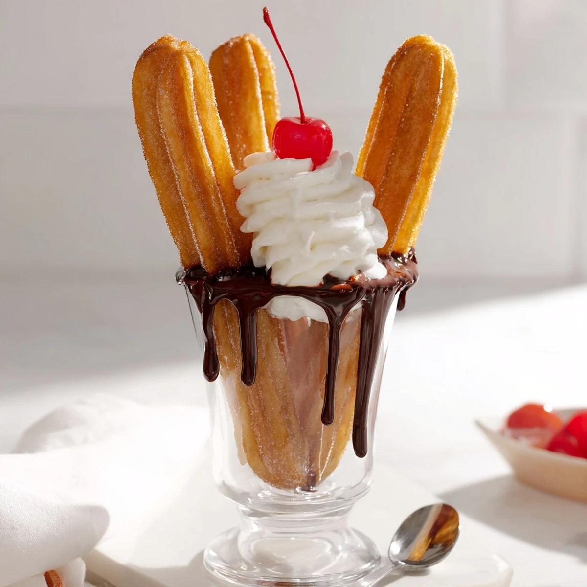 Indulgent churro ice cream float garnished with whipped cream, perfect for summer.