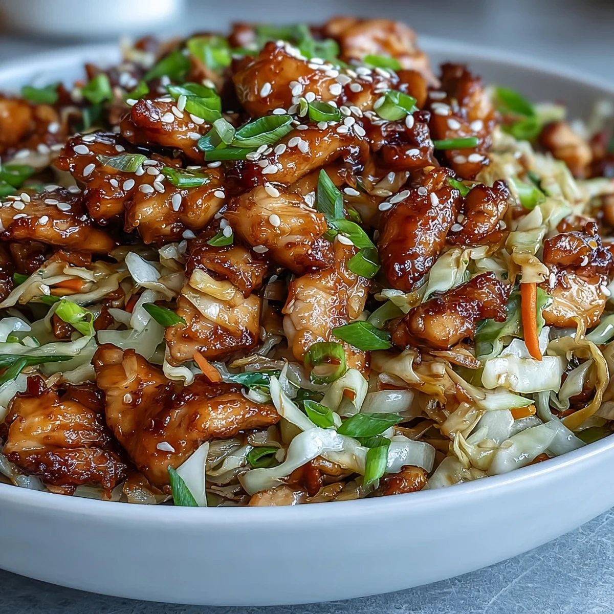 Una cuchara servidora eleva una porción del Bowl de Egg Roll con pollo, mostrando su jugoso contenido y el vibrante color de las verduras frescas.