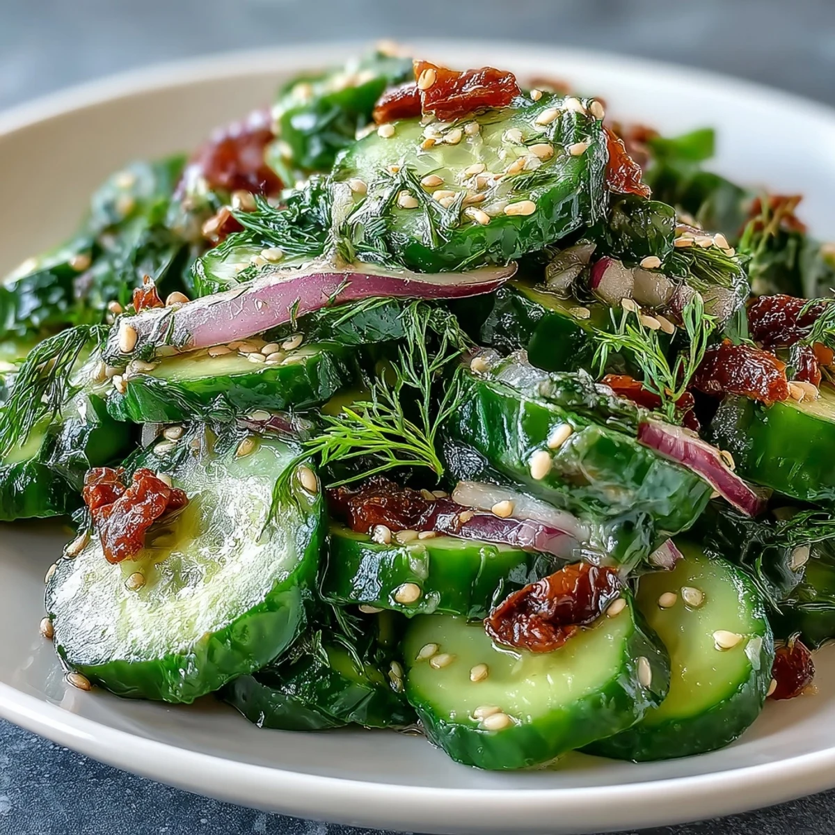 Ensalada Refrescante de Pepino Crujiente en un bol con cebolla morada y eneldo fresco