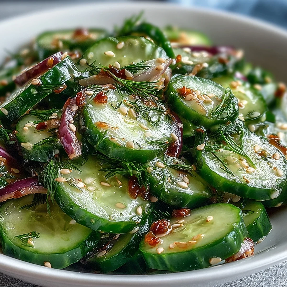 Ensalada Refrescante de Pepino Crujiente aderezada con vinagre y semillas de sésamo para un toque crujiente