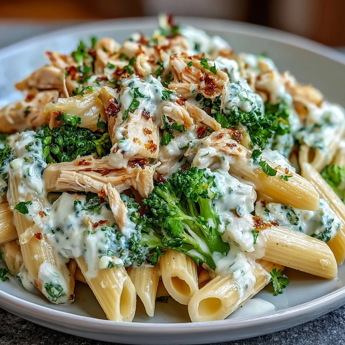 Brilliant broccoli florets and tender shredded rotisserie chicken tossed in a creamy Greek yogurt Parmesan sauce over whole-wheat penne pasta.