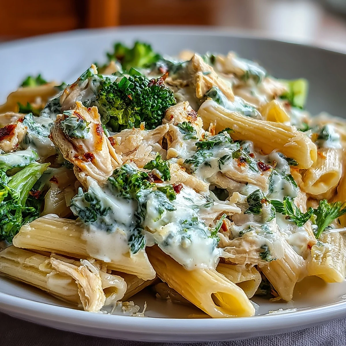 A close-up look at this high protein rotisserie chicken broccoli pasta, featuring steam rising from the skillet and fresh parsley garnish.
