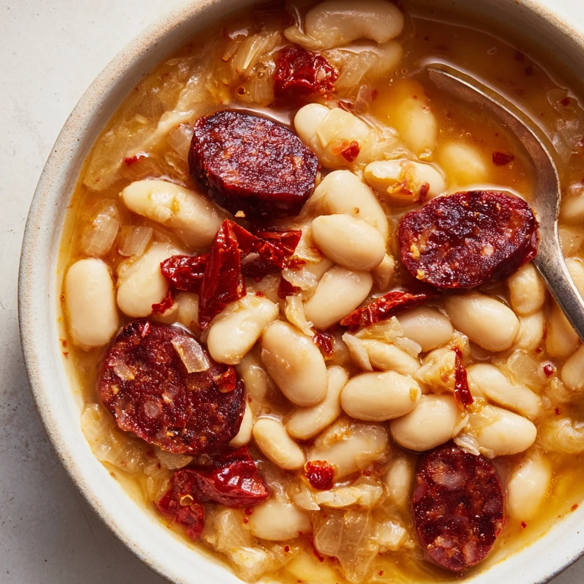 Fabada reconfortante en cuencos, perfecta con pan rústico al lado.  