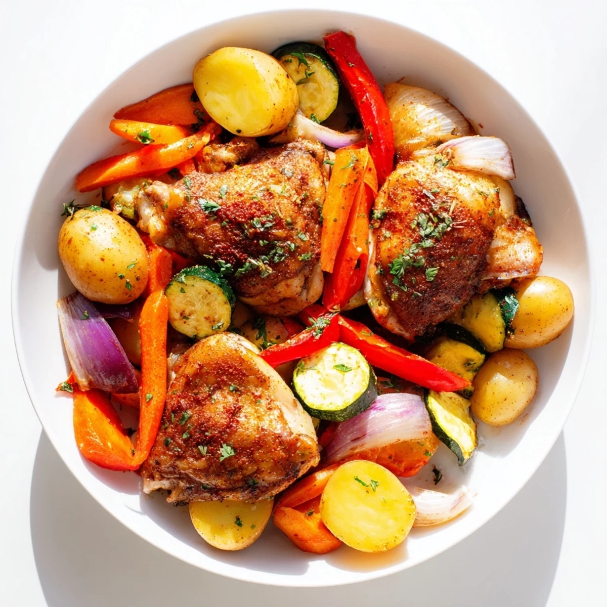 Golden-brown One-Pan Chicken with roasted potatoes and vegetables, a flavorful complete meal.