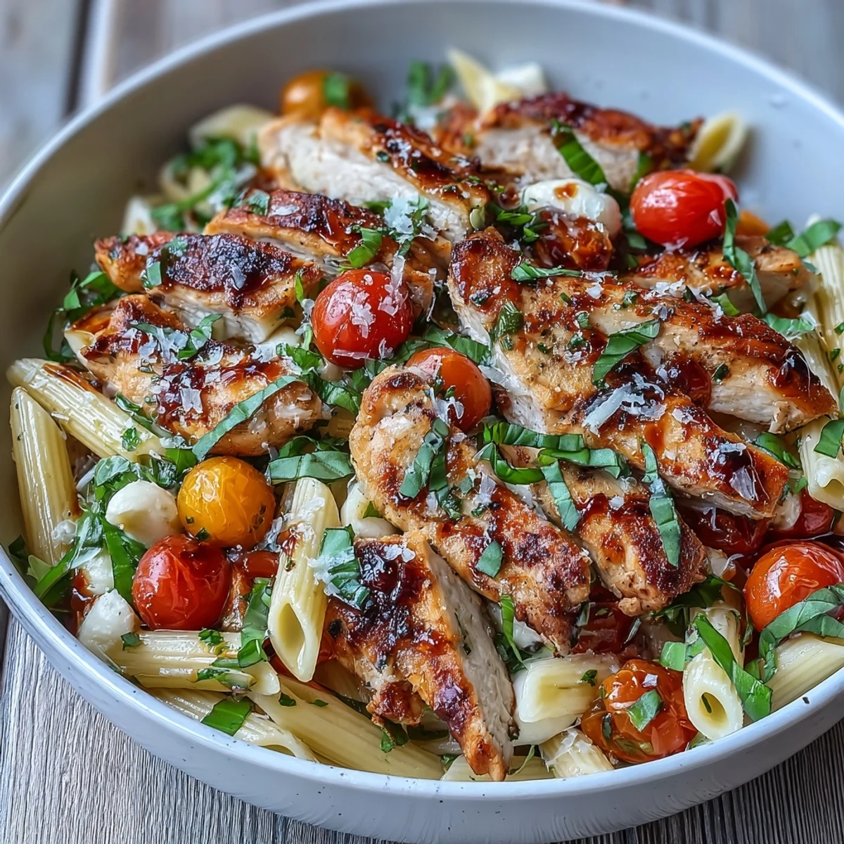 Bruschetta Chicken Pasta served in a bowl, juicy cherry tomatoes and melted mozzarella on golden-seared chicken and pasta.