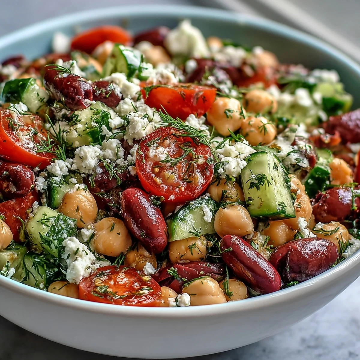 Ensalada griega de frijoles marinados en limón, con pepino, tomates cherry, aceitunas y queso feta desmenuzado.