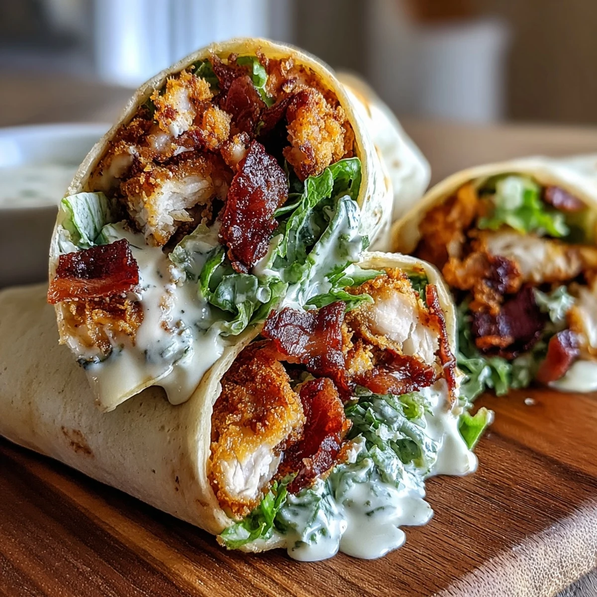 Crispy Chicken Bacon Caesar Wraps rellenos con pechuga jugosa, tocino crujiente, lechuga romana y aderezo César en tortilla blanda, listos para almuercar.