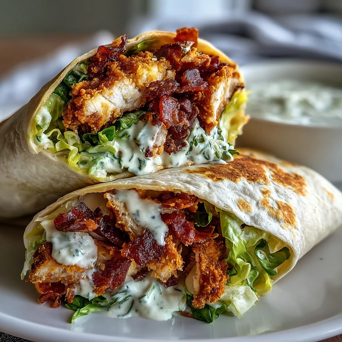 - Example: "Golden brown crispy chicken strips resting on a bed of crisp romaine leaves, topped with crunchy bacon bits and shaved Parmesan in a Caesar wrap."