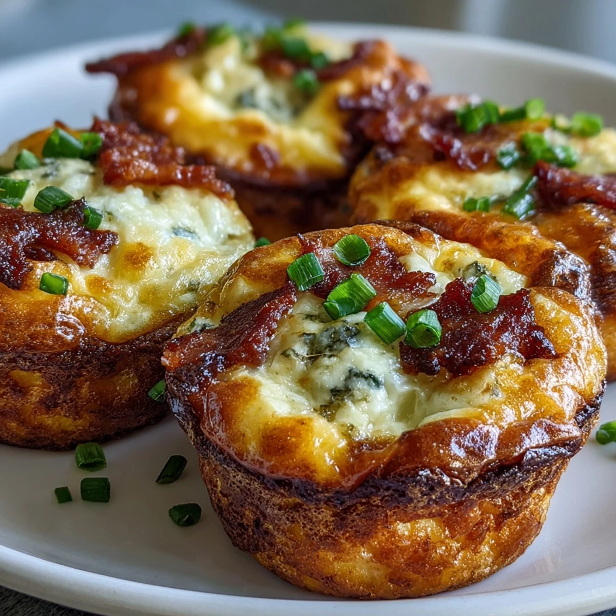 Dolce forno con tazzine di uova al forno Ranch & Cheddar, guarnite con erba cipollina fresca e una spruzzata di pepe nero.