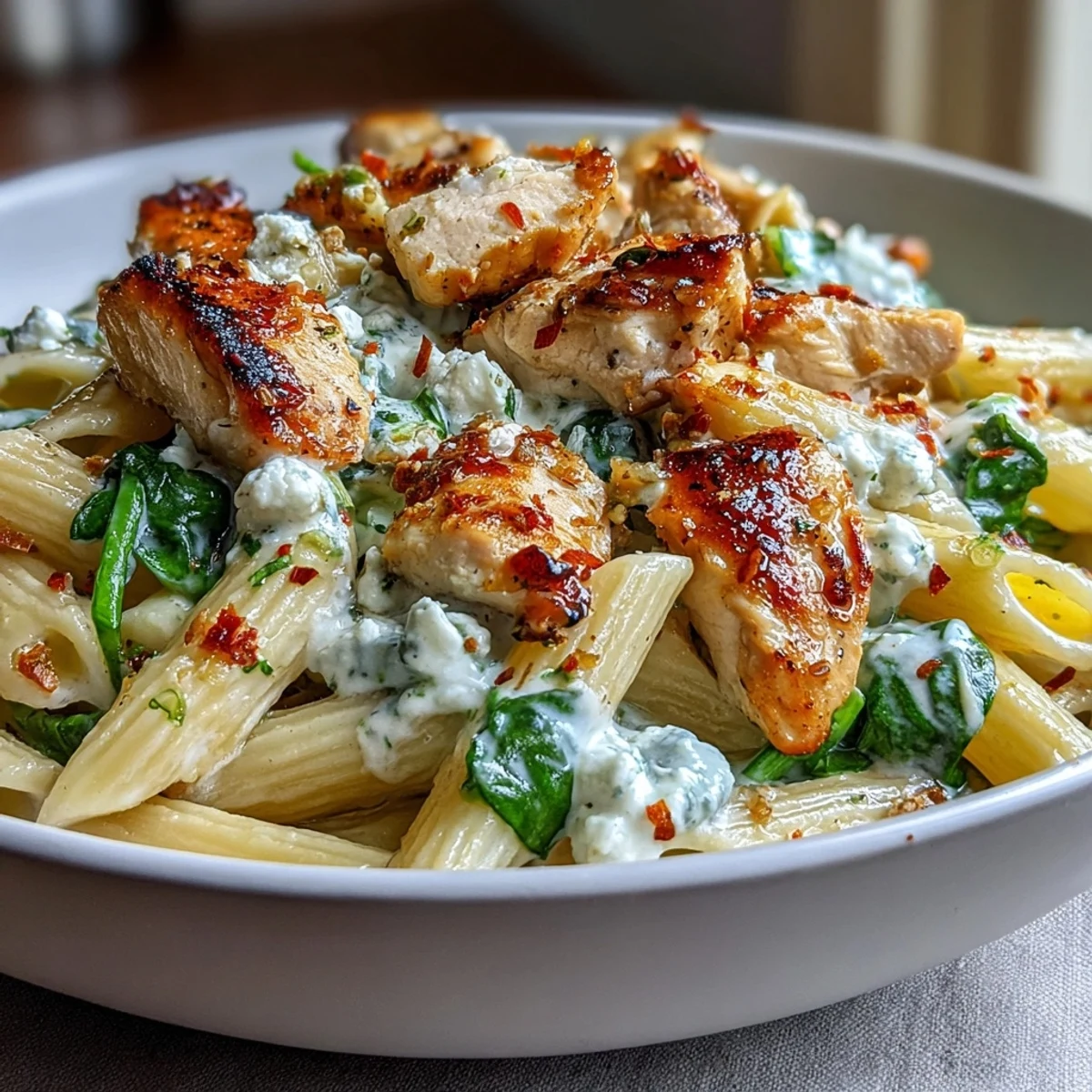 Chicken breast, pasta, spinach, feta, and a creamy yogurt lemon sauce in a hot skillet for a quick Greek dinner.