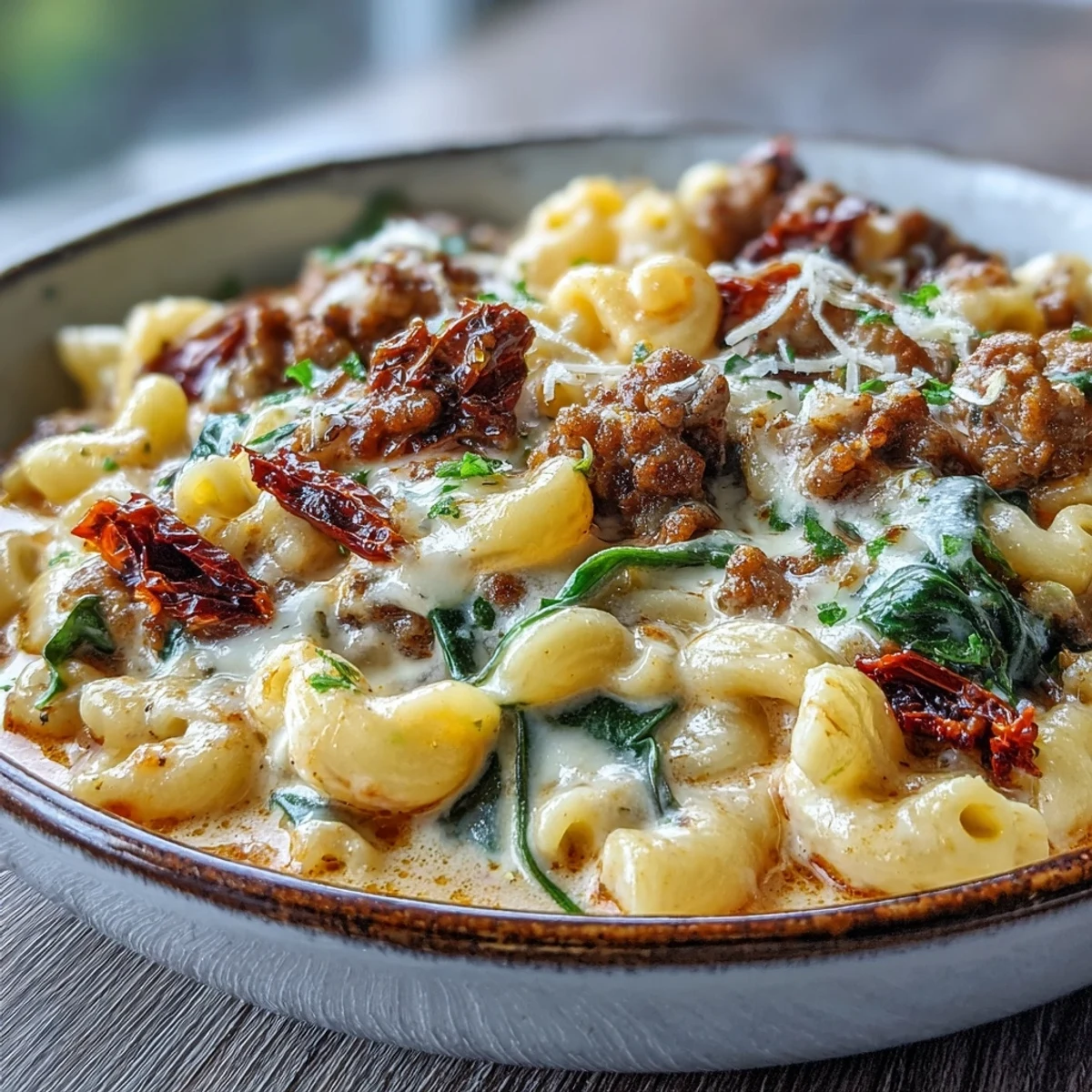 Creamy Tuscan Chili Mac en un bol humeante, con espinacas frescas y queso Parmesano derretido.
